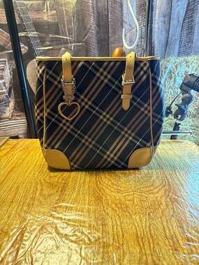 Burberry Blue Label Diagonal Plaid Check Tote Bag with Heart Charm